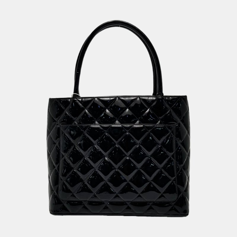 CHANEL MEDALLION黑色漆皮菱格紋希爾頓手提包單肩包 金色五金 中古款-4