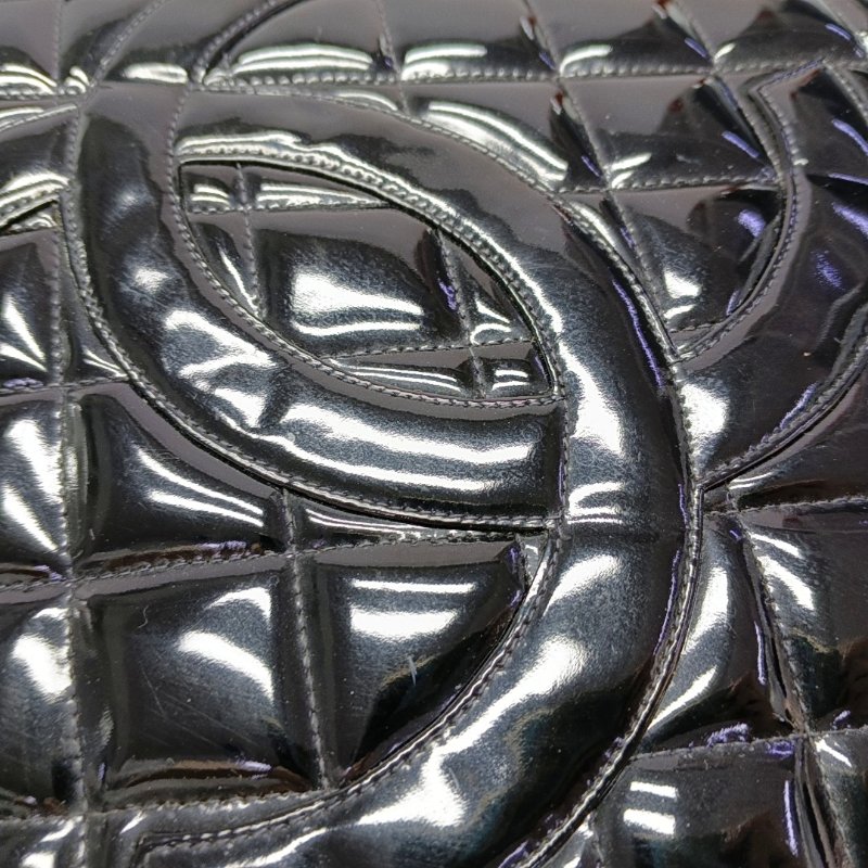 CHANEL MEDALLION黑色漆皮菱格紋希爾頓手提包單肩包 金色五金 中古款-7