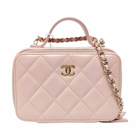 CHANEL 粉色羊皮菱格紋絎縫單肩包 金色五金