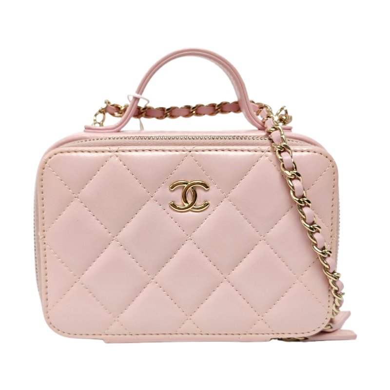 CHANEL 粉色羊皮菱格紋絎縫單肩包 金色五金-0