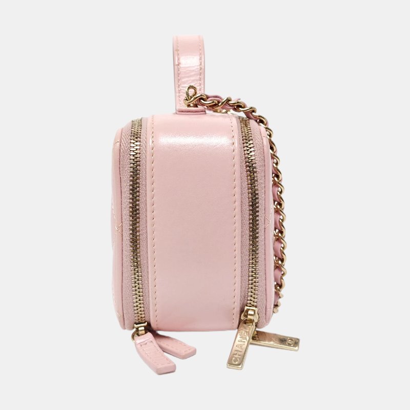 CHANEL 粉色羊皮菱格紋絎縫單肩包 金色五金-2