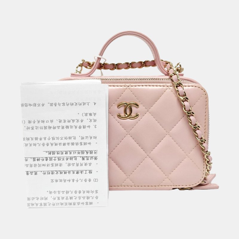 CHANEL 粉色羊皮菱格紋絎縫單肩包 金色五金-7