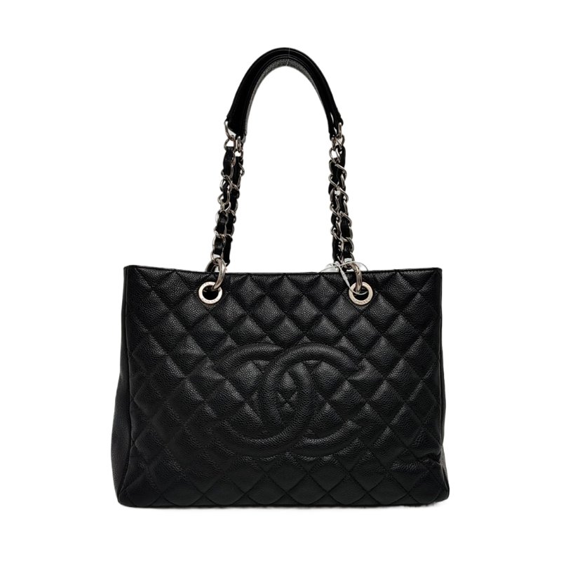 CHANEL CHANEL GST大號黑色荔枝紋牛皮菱格紋絎縫單肩包手提包銀色五金13開-0