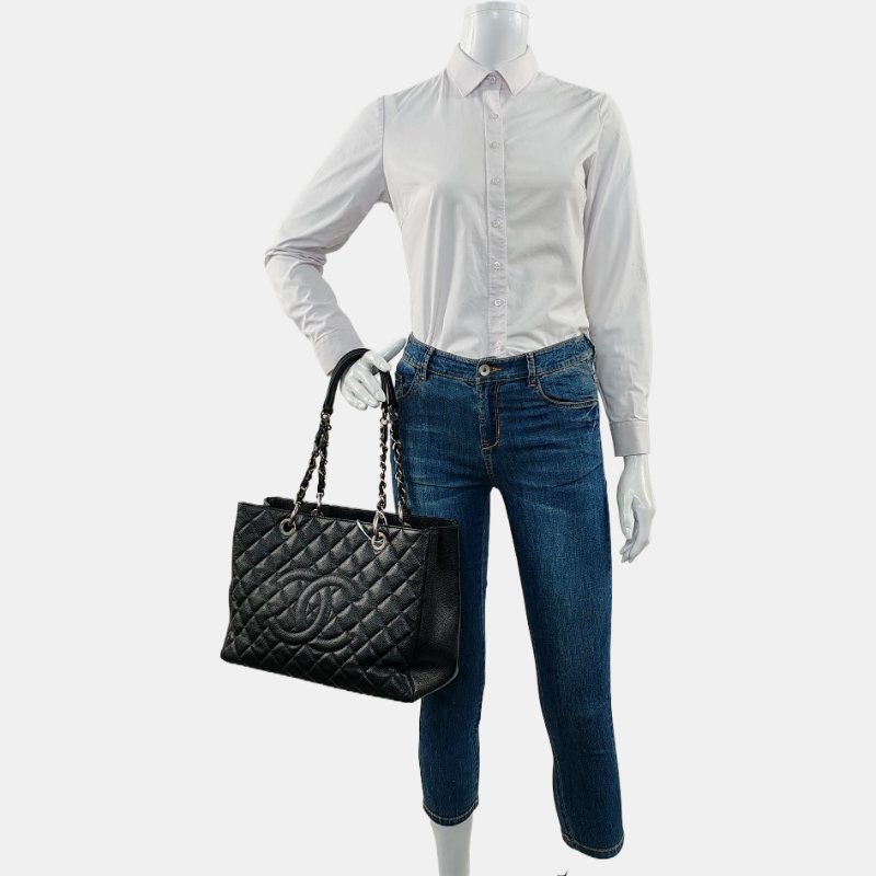 CHANEL CHANEL GST大號黑色荔枝紋牛皮菱格紋絎縫單肩包手提包銀色五金13開-1