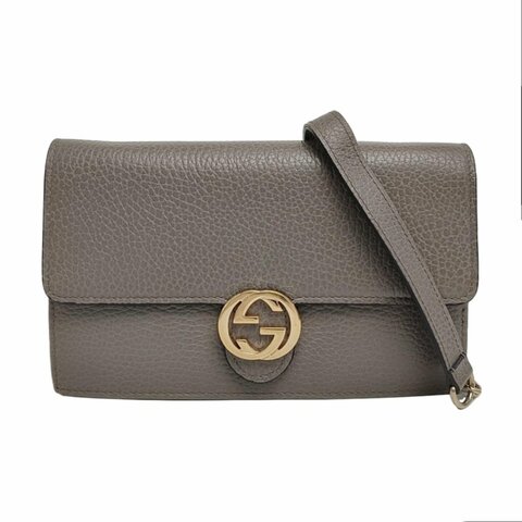 GUCCI Interlocking G灰色牛皮斜挎包提包單肩包 金色五金 可拆卸肩帶
