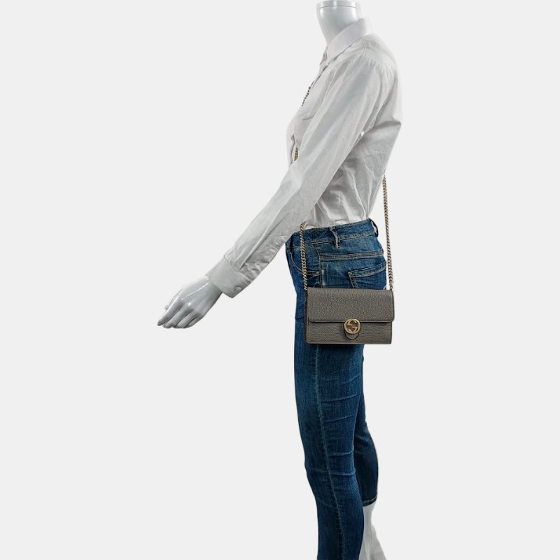 GUCCI Interlocking G灰色牛皮斜挎包提包單肩包 金色五金 可拆卸肩帶-1