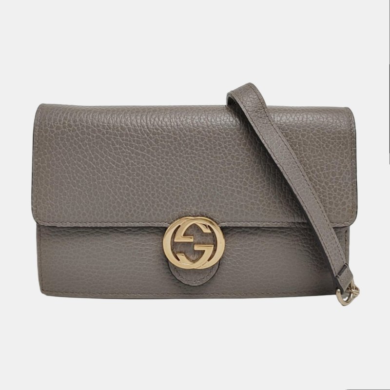 GUCCI Interlocking G灰色牛皮斜挎包提包單肩包 金色五金 可拆卸肩帶-7