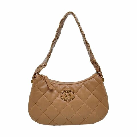 CHANEL 19大號米色牛皮菱格紋單肩包 金色五金 9.8新