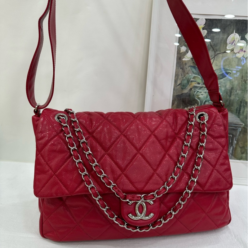 Chanel 香奈兒 荔枝皮2way寬肩帶機場井柏然同款XXL 原廠成色 13 開 無卡-4