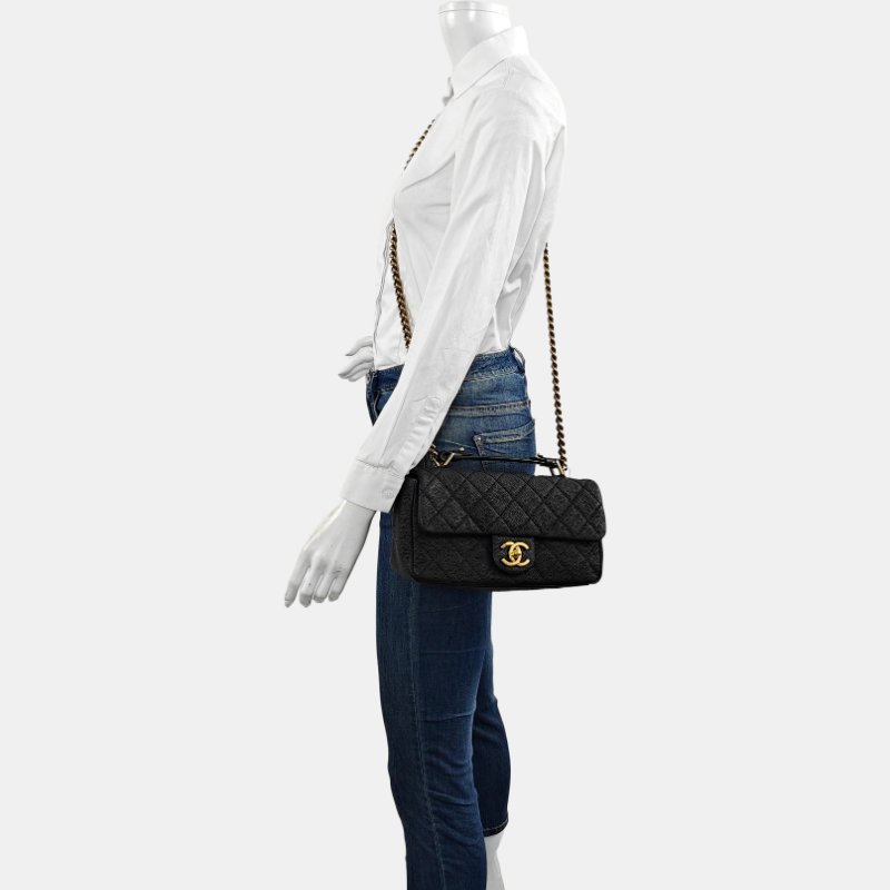 CHANEL CLASSIC FLAP黑色荔枝紋牛皮菱格紋絎縫單肩包斜挎包手提包金色五金17開可拆卸肩帶-1