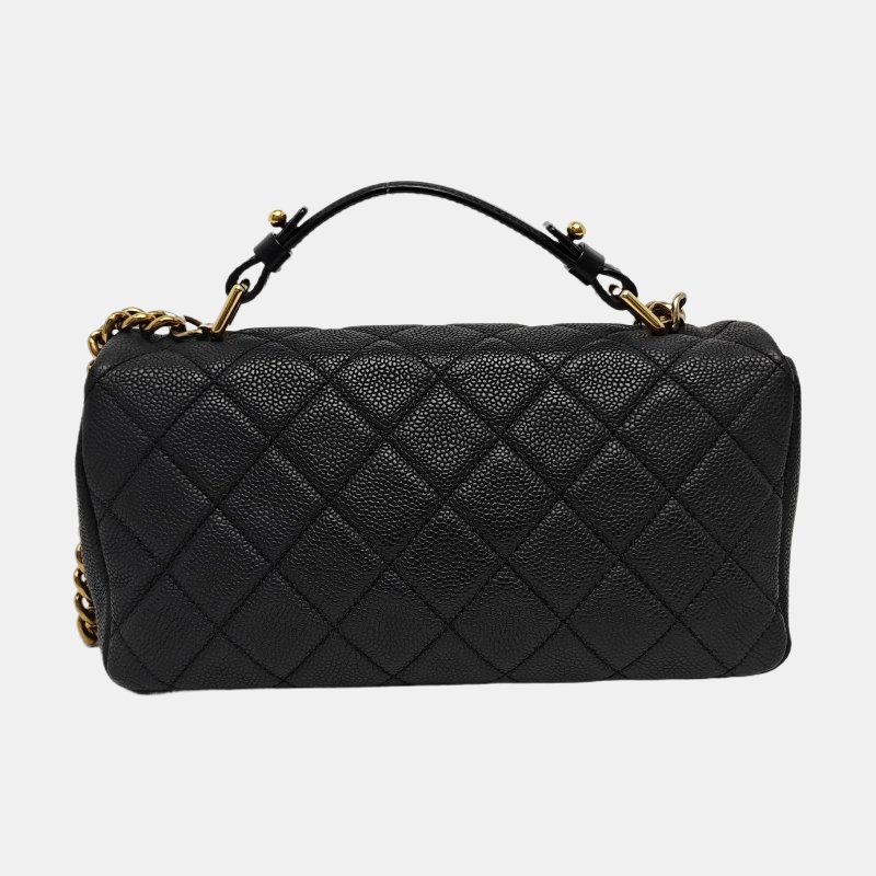 CHANEL CLASSIC FLAP黑色荔枝紋牛皮菱格紋絎縫單肩包斜挎包手提包金色五金17開可拆卸肩帶-4