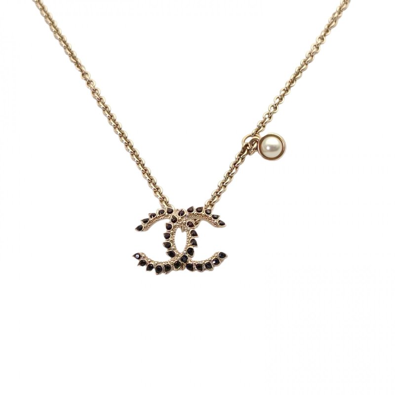 CHANEL 合金雙c黑色水鑽皮穿鏈項鏈項鍊-0