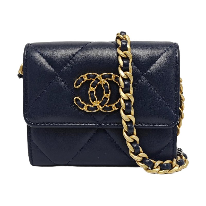 CHANEL CHANEL 19深藍色羊皮菱格紋絎縫斜挎包單肩包金色五金30開 9.8新-0