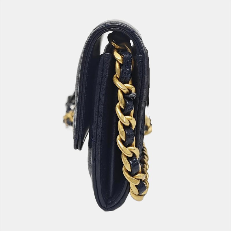CHANEL CHANEL 19深藍色羊皮菱格紋絎縫斜挎包單肩包金色五金30開 9.8新-2