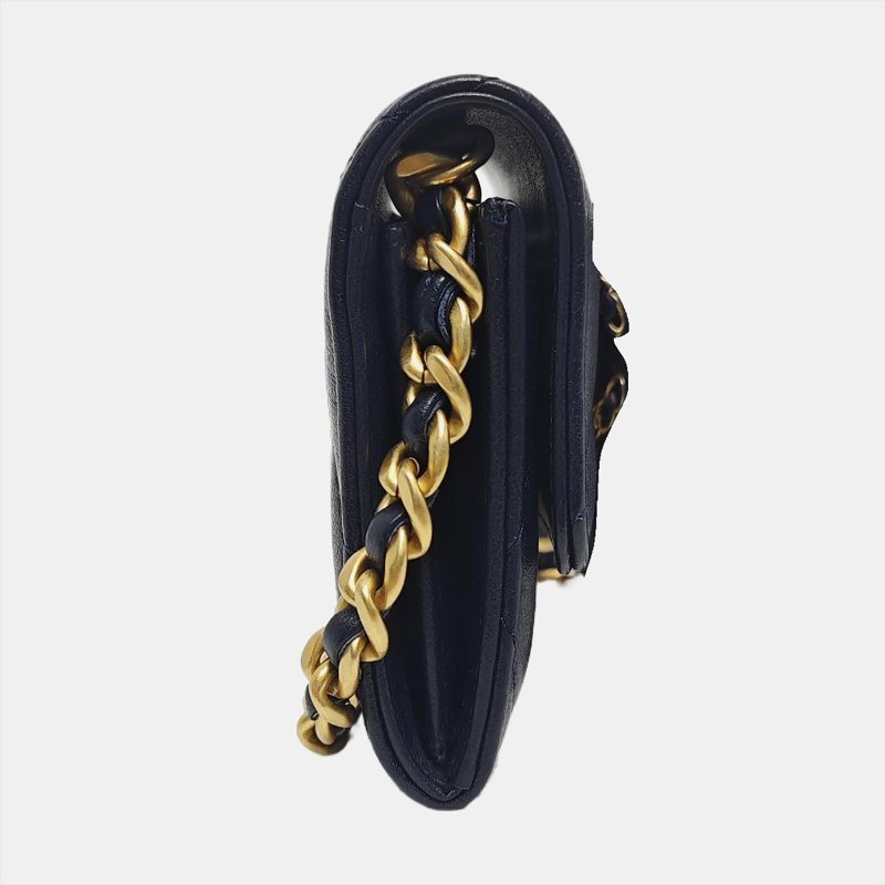 CHANEL CHANEL 19深藍色羊皮菱格紋絎縫斜挎包單肩包金色五金30開 9.8新-3