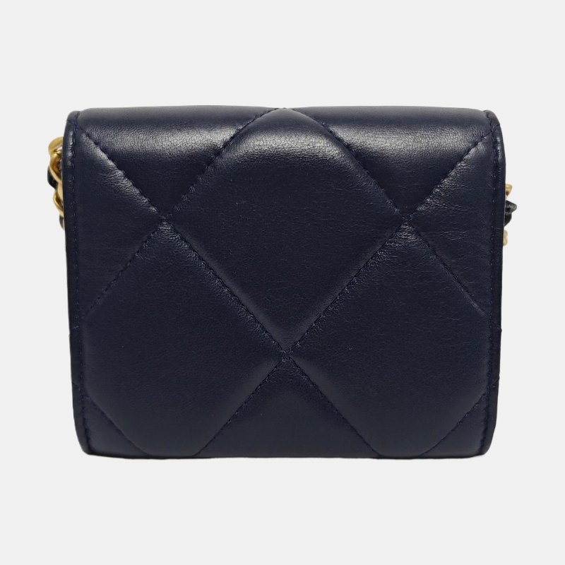 CHANEL CHANEL 19深藍色羊皮菱格紋絎縫斜挎包單肩包金色五金30開 9.8新-4