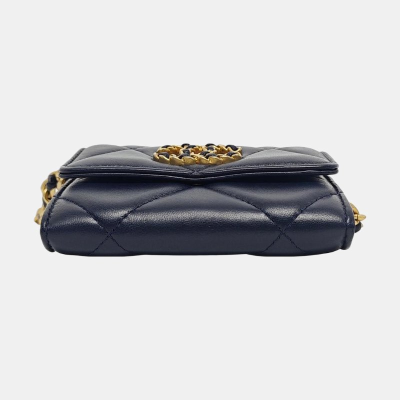 CHANEL CHANEL 19深藍色羊皮菱格紋絎縫斜挎包單肩包金色五金30開 9.8新-5