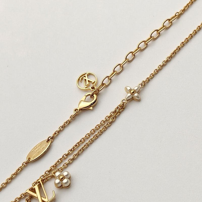 LOUIS VUITTON 合金雙層花卉珍珠項鏈項鍊-4