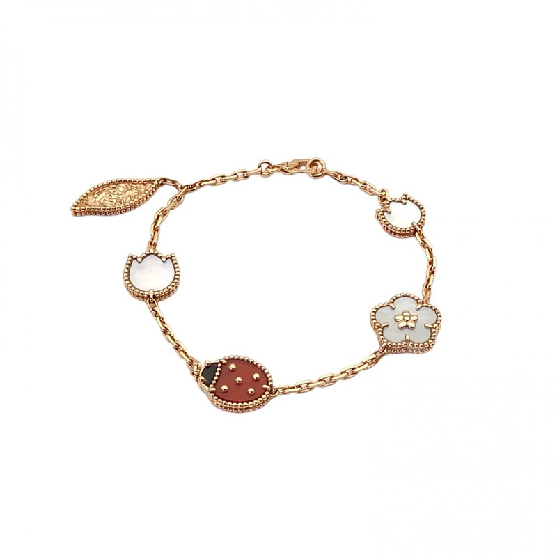 Van Cleef & Arpels LuckySpring手鏈5圖案18K玫瑰金/白貝母/紅玉髓/縞瑪瑙S-M碼玫瑰金手鍊／手環-0