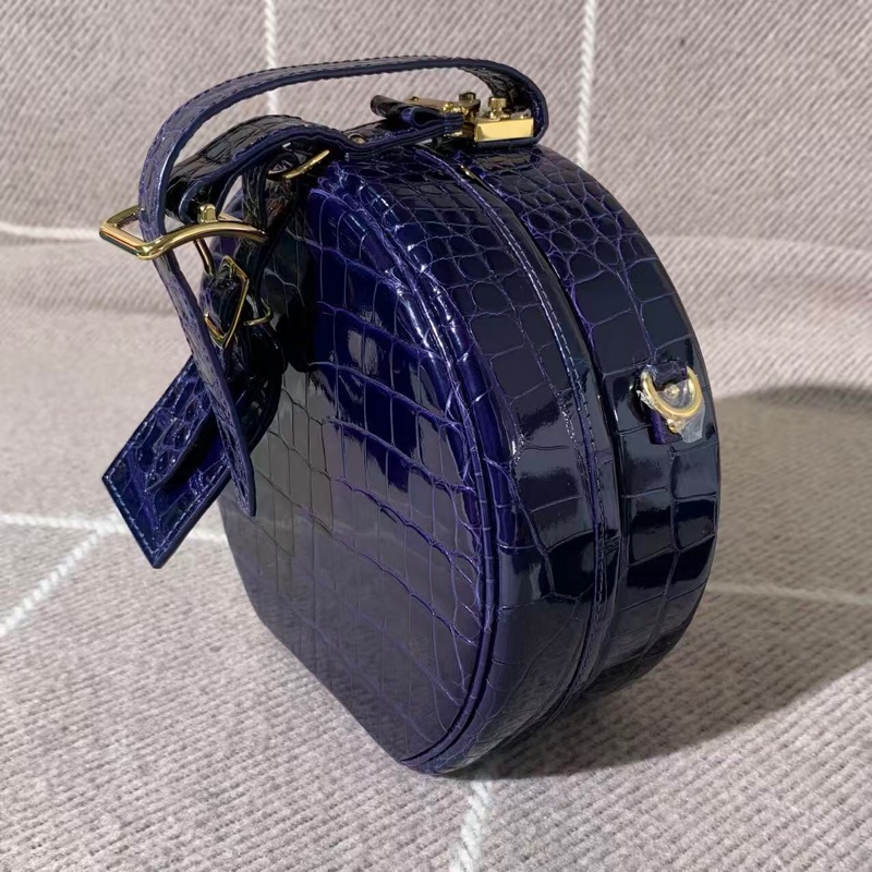 路易威登 Lv圓餅深藍色鰐魚皮金扣手提單肩包-6