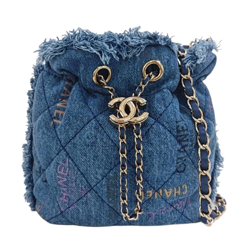 CHANEL DRAWSTRING小號藍色牛仔布菱格紋絎縫單肩包斜挎包金色五金9.8新 晶片款-0
