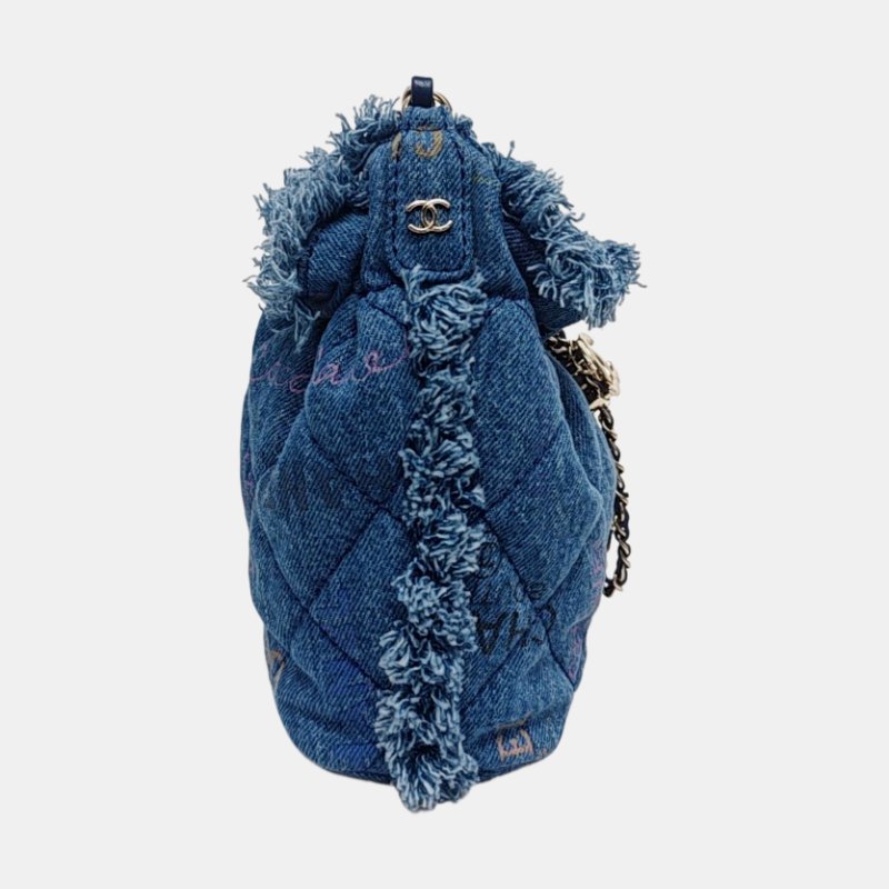 CHANEL DRAWSTRING小號藍色牛仔布菱格紋絎縫單肩包斜挎包金色五金9.8新 晶片款-3