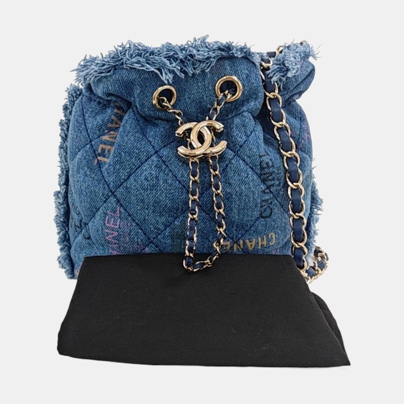 CHANEL DRAWSTRING小號藍色牛仔布菱格紋絎縫單肩包斜挎包金色五金9.8新 晶片款-7