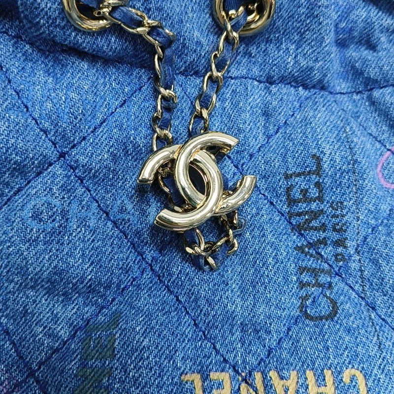 CHANEL DRAWSTRING小號藍色牛仔布菱格紋絎縫單肩包斜挎包金色五金9.8新 晶片款-8