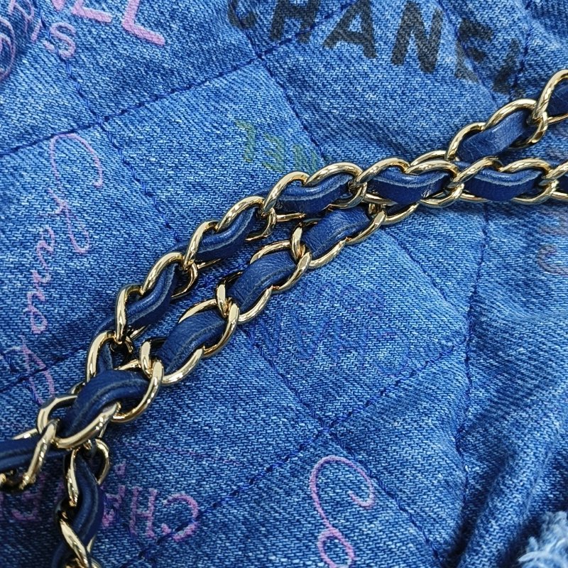 CHANEL DRAWSTRING小號藍色牛仔布菱格紋絎縫單肩包斜挎包金色五金9.8新 晶片款-11