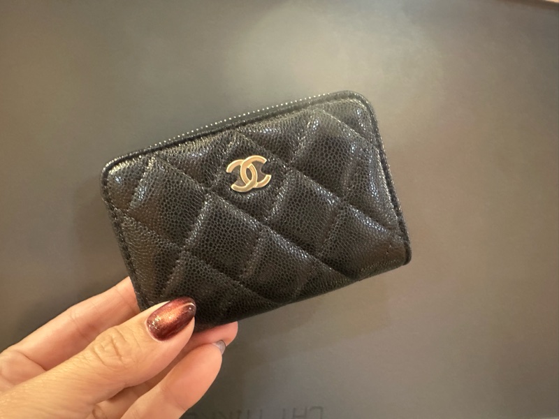 Chanel 黑荔枝牛皮金釦ㄇ拉內零錢袋零錢卡包AP3494-0
