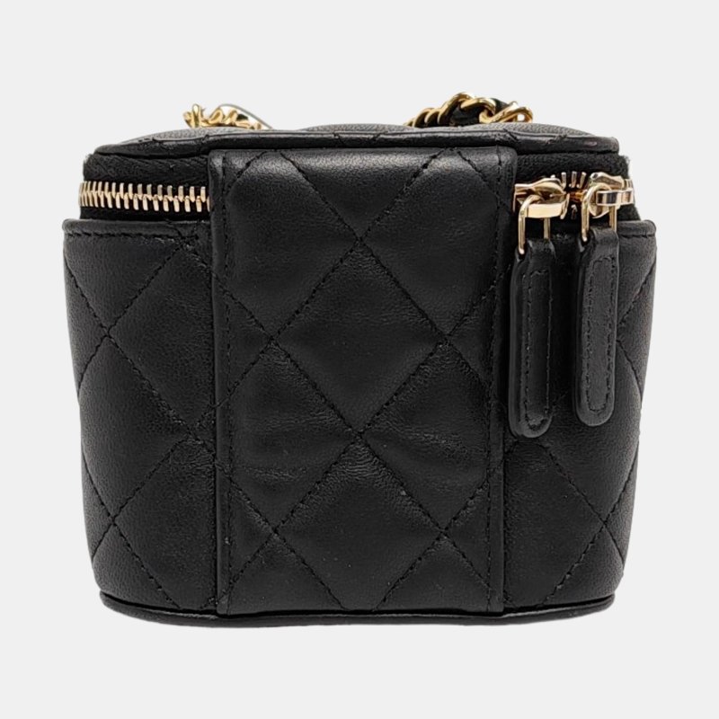CHANEL黑色羊皮菱格紋絎縫單肩包斜挎包金色五金 晶片款-4