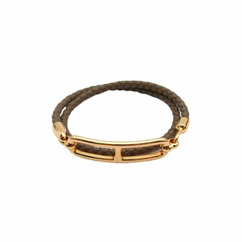 HERMES Roulis豬鼻子編織手鏈玫瑰金扣大象灰牛皮/合金S-M碼手鍊／手環