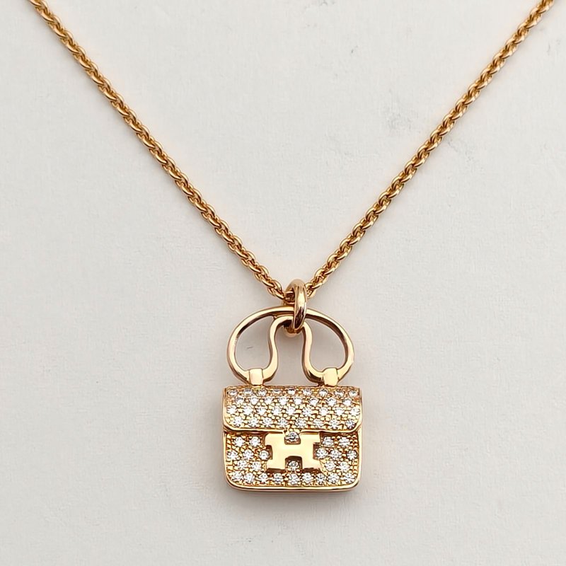 HERMES AmulettesConstance康康項鏈滿鑽老扣18K玫瑰金/鑽石項鏈玫瑰金18K項鍊-3