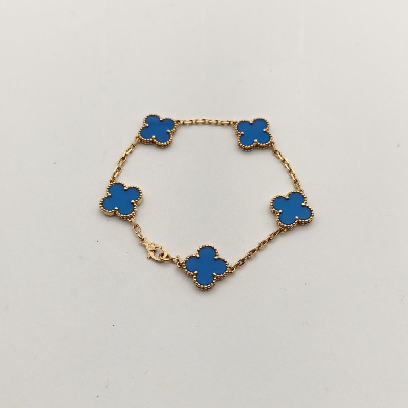 Van Cleef & Arpels VintageAlhambra中號五花手鏈新扣18K黃金/藍瑪瑙S-M碼黃金手鍊／手環-0