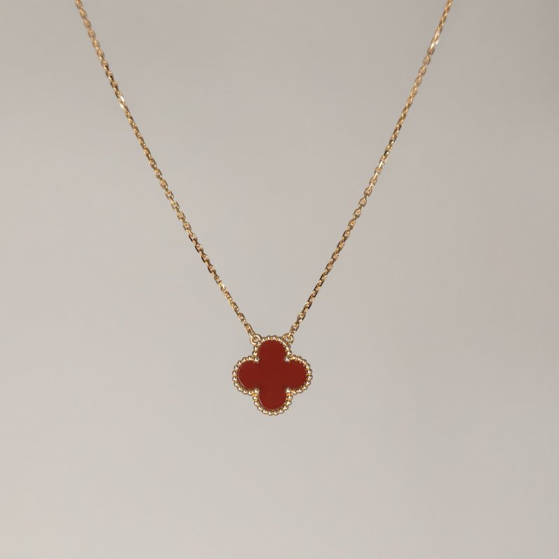 Van Cleef & Arpels VintageAlhambra中號單花項鏈新扣18K黃金/紅玉髓項鏈黃金項鍊-0