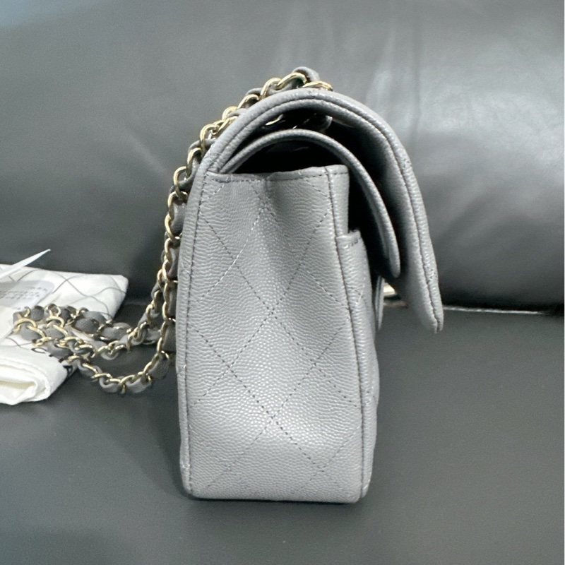 Chanel香奈儿 灰色淡金扣荔枝纹CF 小号 双盖 芯片款-2