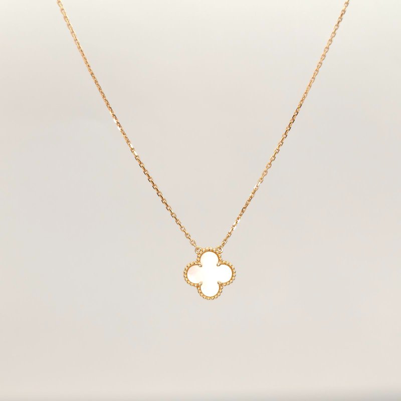 Van Cleef & Arpels VintageAlhambra中號單花項鏈新扣18K黃金/白貝母項鏈黃金項鍊-0