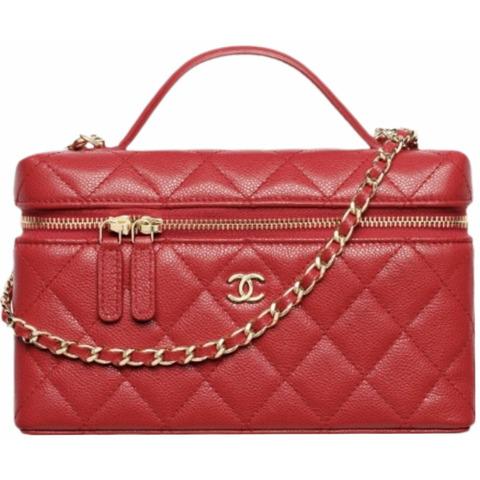 CHANEL 經典手拿包鏈條化妝包，頂部提手，紅色魚子醬金色五金配件