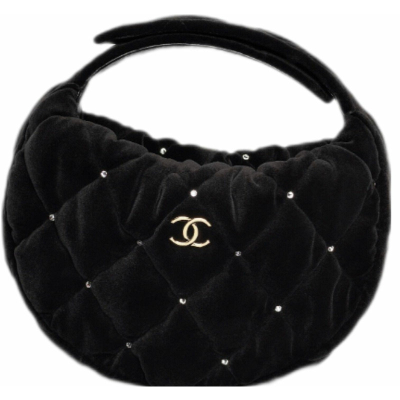 CHANEL 迷你天鵝絨黑色手提包 迷你手提包 半月形包 珍珠鉚釘包 迷你手拿包-0