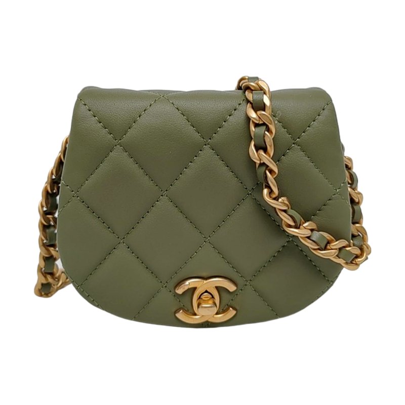 CHANEL 绿色牛皮菱格纹绗缝单肩包斜挎包 金色五金 31开 配件齐全 9.8新-0