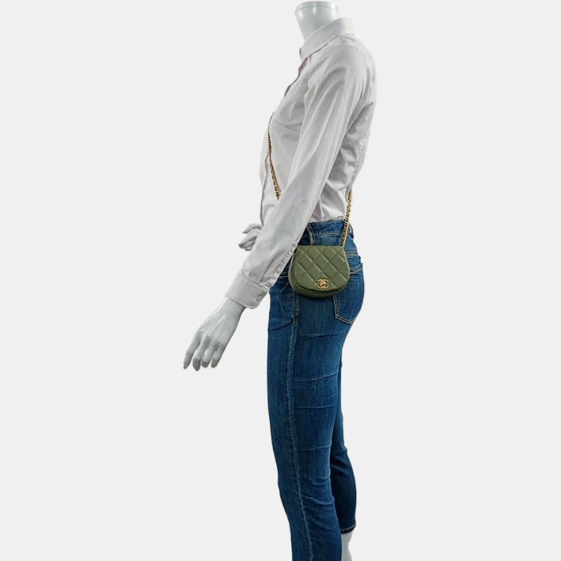 CHANEL 绿色牛皮菱格纹绗缝单肩包斜挎包 金色五金 31开 配件齐全 9.8新-1