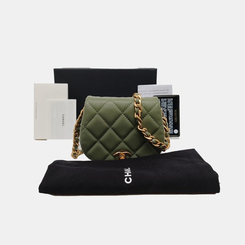 CHANEL 绿色牛皮菱格纹绗缝单肩包斜挎包 金色五金 31开 配件齐全 9.8新-7