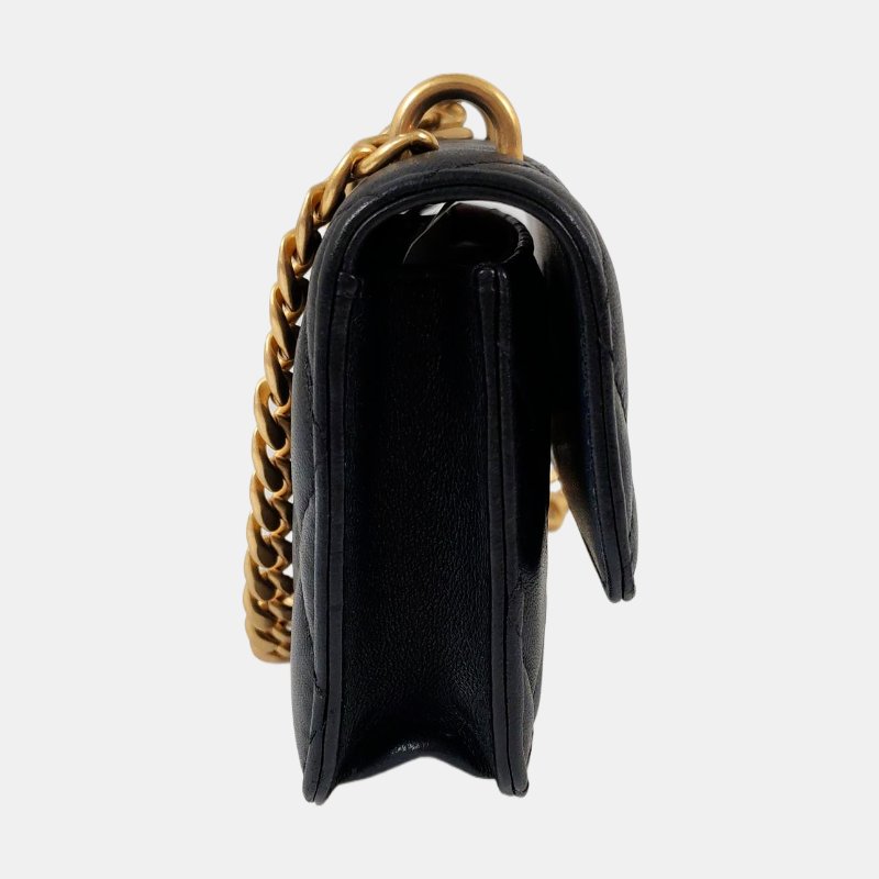 CHANEL 黑色羊皮菱格纹绗缝单肩包 金色五金 配件齐全-3