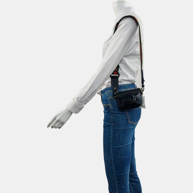 GUCCI Horsebit 1955 迷你 黑色牛皮條紋織帶馬銜扣單肩包 黑色五金 2條可拆卸肩帶 9.8新-1