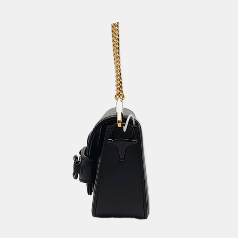 GUCCI Horsebit 1955 迷你 黑色牛皮條紋織帶馬銜扣單肩包 黑色五金 2條可拆卸肩帶 9.8新-2