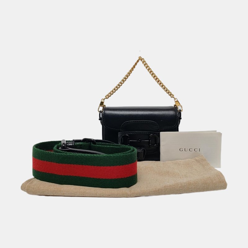GUCCI Horsebit 1955 迷你 黑色牛皮條紋織帶馬銜扣單肩包 黑色五金 2條可拆卸肩帶 9.8新-7