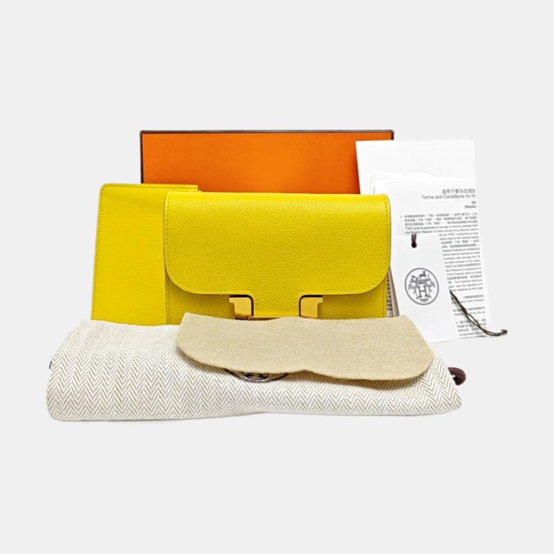 HERMES Constance Slim那不勒斯黃Evercolor牛皮康康包零錢包金色五金U刻子袋配件齊全9.8新-7