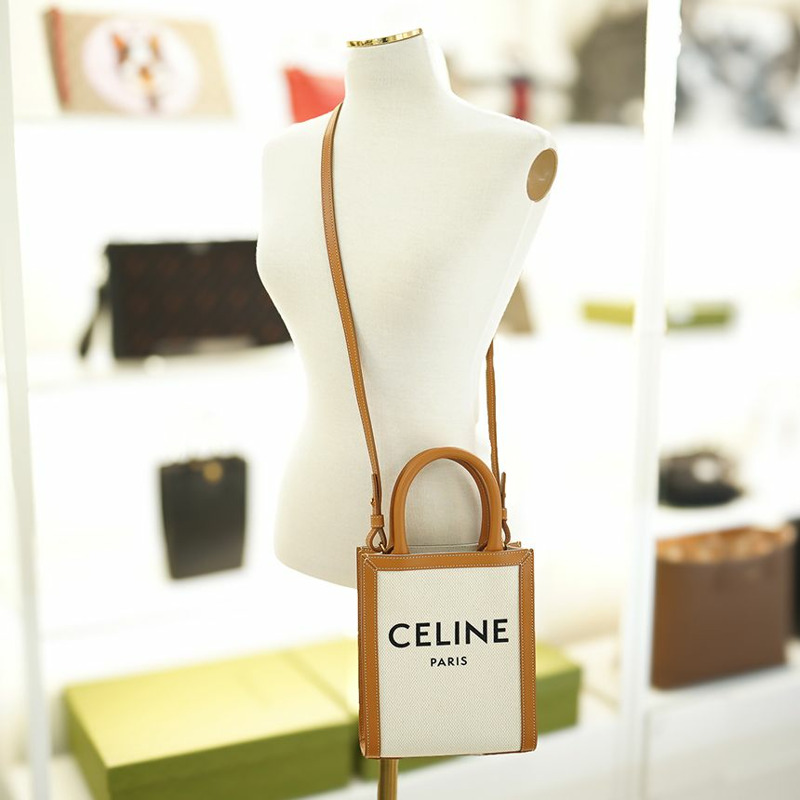 CELINE 帆布直式 Cabas 包 白色 棕色皮革 193302BNZ.02NT-0