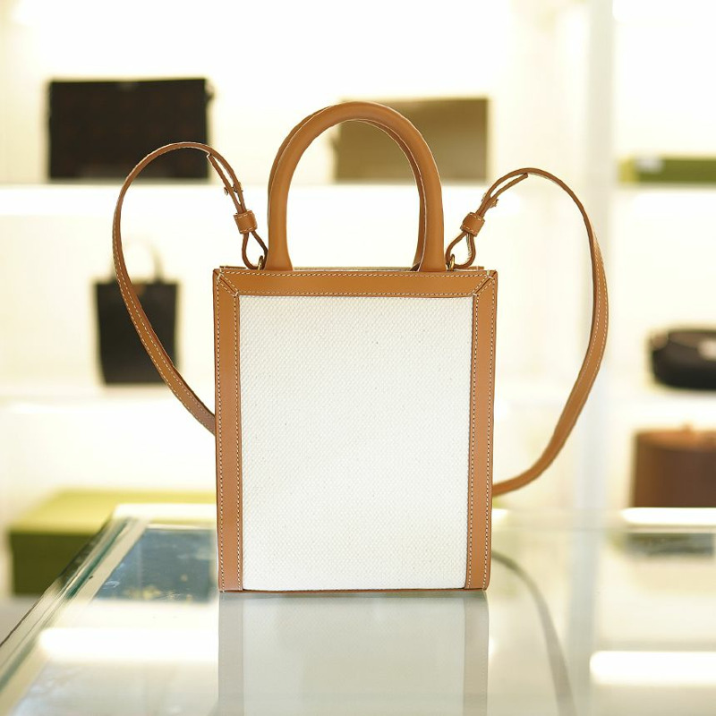 CELINE 帆布直式 Cabas 包 白色 棕色皮革 193302BNZ.02NT-3