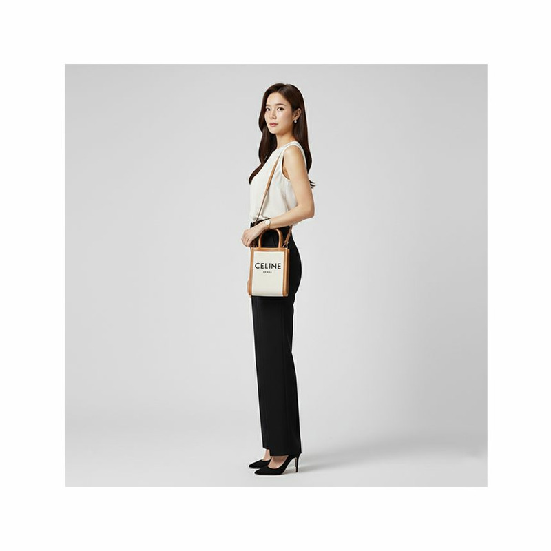 CELINE 帆布直式 Cabas 包 白色 棕色皮革 193302BNZ.02NT-6